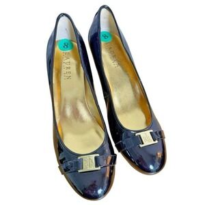 Lauren Ralph Lauren Pumps Womens 8 Pre-Owned Heels Black Patent Gold Logo Buckle